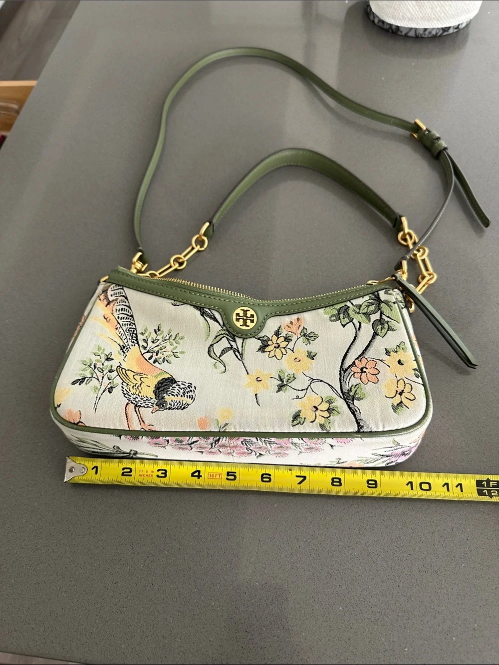 Tory Burch Olive Green Floral Bird Shoulder Bag